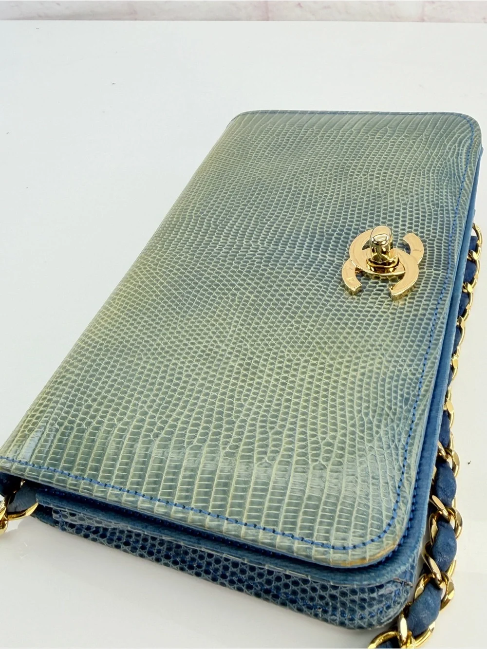 RARE Chanel Blue Lizard Skin Flap Bag Wallet on Chain 0 Series 1986-88